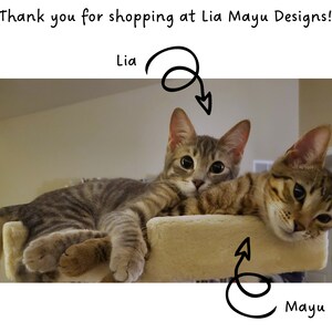 "Thank you for shopping at Lia Mayu Designs!" with photos of two cats named Lia and Mayu