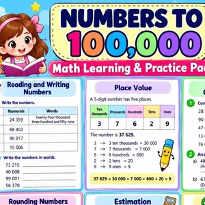 May include: A Grade 4 math learning and practice pack titled Numbers to 100,000. The educational worksheet features sections on reading and writing numbers, place value, comparing and ordering numbers, rounding, and estimation, including an answer key.