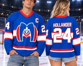 Hollander Hockey Jersey, Hollander 24 Shirt, Kid Hollander Hockey, Blue Red White V-Neck Long Sleeve