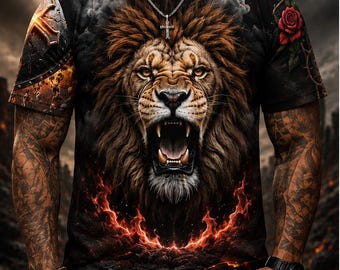 Roaring Lion of Judah T-Shirt, Fiery Christian Streetwear Tee, Biblical Graphic Apparel