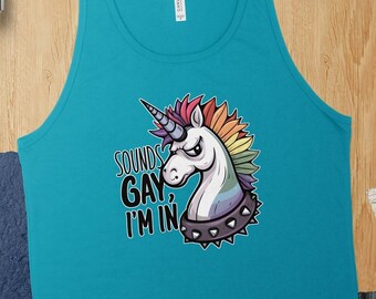 Sounds Gay, I'm In Tank - Unisex Pride Shirt for LGBTQ+ Supporters, Fun and Empowering Rainbow Unicorn Design
