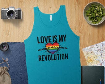 Love is My Revolution Tank Top - Unisex LGBTQ+ Pride Shirt with Rainbow Heart, Perfect Gift for Pride, Queer Activism Apparel