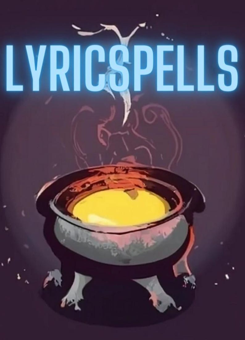K&ouml;nnte beinhalten: Ein schwarzer Kessel mit drei Beinen steht auf einem violetten Hintergrund. Der Kessel ist mit einer gelben Fl&uuml;ssigkeit gef&uuml;llt und Dampf steigt aus ihm auf. Der Text "LYRICSPELLS" ist in blauen Buchstaben oben im Bild geschrieben.
