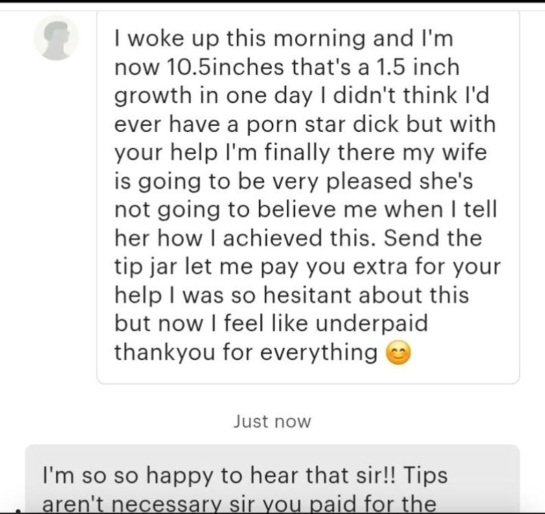 K&ouml;nnte beinhalten: Ein Screenshot einer Unterhaltung zwischen zwei Personen. Die erste Person ist mit den Ergebnissen eines Produkts zufrieden, das sie gekauft hat, und bedankt sich beim Verk&auml;ufer. Die zweite Person freut sich zu h&ouml;ren, dass der Kunde zufrieden ist und sagt, dass Trinkgeld nicht notwendig ist.