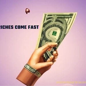 Puede incluir: Una mano sosteniendo un fajo de billetes de dólar estadounidense con el texto "RICHES COME FAST" sobre los billetes. El fondo es de color morado claro.