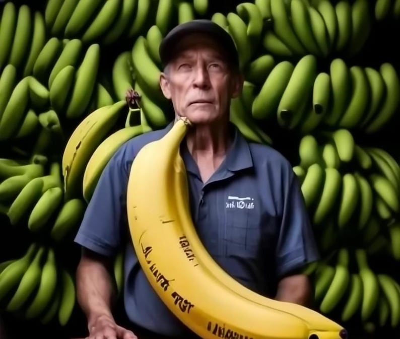 K&ouml;nnte beinhalten: Ein Mann in einem blauen Hemd mit dem Text "Junk 101" h&auml;lt zwei gelbe Bananen vor sich. Die Bananen sind mit schwarzer Schrift bedeckt. Der Mann steht vor einer Wand aus gr&uuml;nen Bananen.