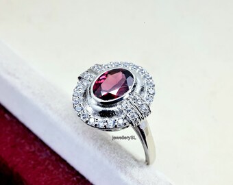 Anillo de granate ovalado natural: anillo de compromiso de oro de 14 quilates y plata de ley