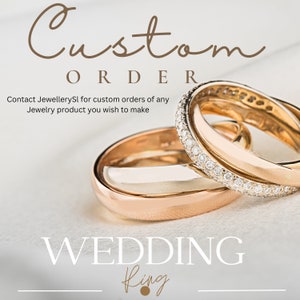 May include: Two gold wedding bands with a row of small diamonds on one band. The text "Custom Order" and "Contact JewellerySl for custom orders of any Jewellery product you wish to make" is above the rings. The text "WEDDING King" is below the rings.
