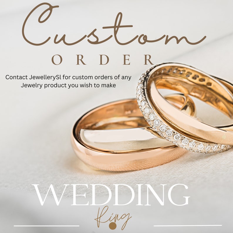 May include: Two gold wedding bands with a row of small diamonds on one band. The text "Custom Order" and "Contact JewellerySl for custom orders of any Jewellery product you wish to make" is above the rings. The text "WEDDING King" is below the rings.