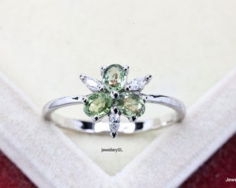 Natural Green sapphire ring, delicate oval engagement ring, 14K solid gold,anniversary gifts