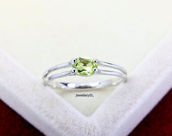 Anillo de peridoto ovalado: oro de 14 quilates, plata de ley, piedra de nacimiento de agosto