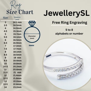 May include: A ring size chart with a silver ring featuring small diamonds. The chart displays ring sizes from 3 to 14 with corresponding diameters in millimetres. The text "JewellerySL" and "Free Ring Engraving 5 to 8 alphabets or number" is also visible.