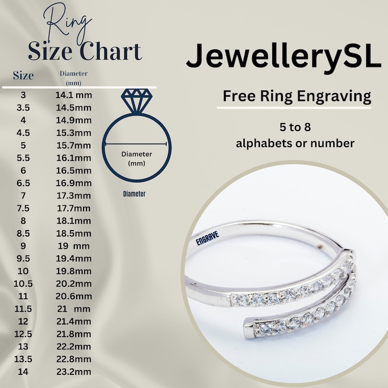 May include: A ring size chart with a silver ring featuring small diamonds. The chart displays ring sizes from 3 to 14 with corresponding diameters in millimetres. The text "JewellerySL" and "Free Ring Engraving 5 to 8 alphabets or number" is also visible.