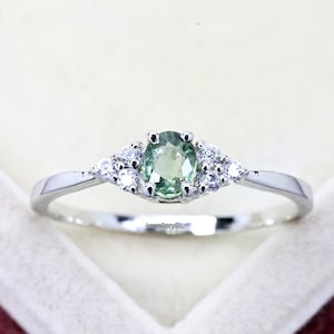 Delicate sapphire engagement ring, green sapphire gold ring, oval cut,anniversary gifts