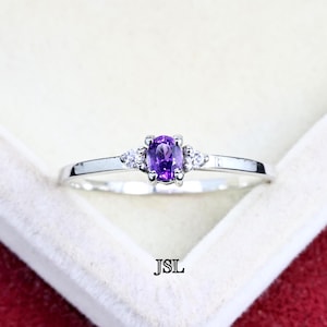 Oval Amethyst Ring: Dainty Sterling Silver Purple Crystal Stacking Ring