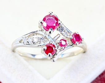 Sterling Silver Multi Ruby Ring: Round Cut Red Gemstone
