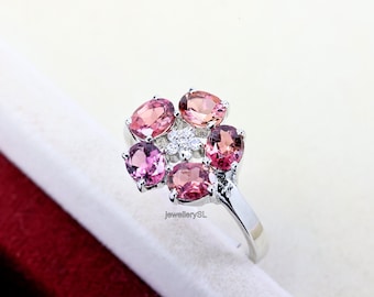 14k rosa Turmalin Ring, Solid Gold Blume Ring, ovale Verlobungsring für Frauen, Oktober Geburtsstein Jahrestag Ring, natürlicher Edelstein Ring