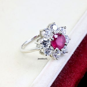 Ruby ring, July birthstone, round cut, sterling silver, engagement ring for women