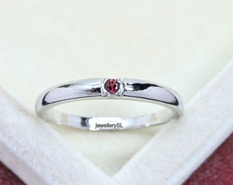 Red Garnet Band, Unisex band, 925 Sterling silver band, dainty Round cut red garnet ring, Gift for her and him.