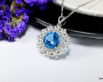 Blue Topaz Sterling Silver Pendant Necklace - December Birthstone