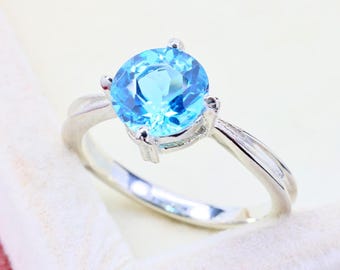 Swiss Blue Topaz Ring: Round Cut Solitaire, Sterling Silver or 14k Gold