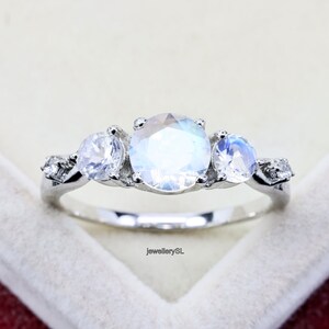Three Rainbow Moonstone Engagement Ring, Promise Rainbow Bridal Wedding Ring, Anniversary Gift for Women, Wife gift, Delicate ring for her