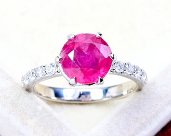Round Ruby Sterling Silver Ring, July Birthstone, Anniversary Gift