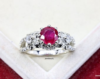 Anillo de plata esterlina con rubí redondo: anillo de compromiso con la piedra natal de julio