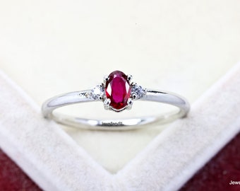 Dainty Ruby Sterling Silver Ring: Oval Red Gemstone, July Birthstone