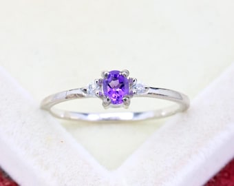 Oval Amethyst Ring: Dainty Sterling Silver Purple Crystal Stacking Ring