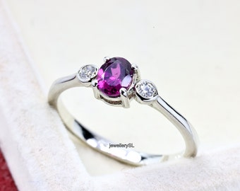 Bague grenat rhodolite rose | Bague de fiançailles en or massif 14 carats pour femme | Bague d'anniversaire avec petits diamants | Bague Unique Propose, Bague en argent