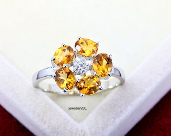 Massiver Gold-Zitrin-Ring, blumenförmiger Solitärring für Frauen, Tropfen-Zitrin-Ring, Kristall-Versprechensring für Sie, Mutterring