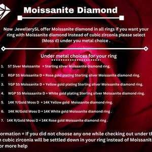 May include: A red rose with a white diamond shape in the background. Text on the image reads "Moissanite Diamond" and explains that the seller offers moissanite diamonds in all rings. The text also lists different metal choices for the ring, including sterling silver, rose gold, yellow gold, and white gold.