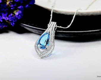 Blue Topaz Silver Pendant Necklace – Genuine Gemstone, Sterling Silver Jewelry, December Birthstone Gift