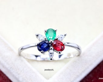 Ring met meerdere edelstenen: saffier, robijn, smaragd, sterlingzilver 925