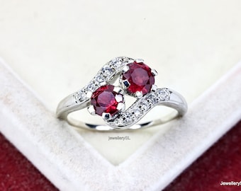 Ruby engagement ring, sterling silver, brilliant cut, multi-stone round ruby ring, july birthstone