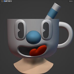 May include: A 3D rendering of a cartoon character, a gray cup with a white handle, eyes, and a blue nose. The cup has a red tongue and a blue and white straw. The character is on a light brown neck.