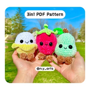 May include: Three plush fruit toys: an ice cream cone, a strawberry, and a pear. The ice cream cone is white and yellow, the strawberry is red, and the pear is green. Each has black eyes and a smiling mouth. The text "3in1 PDF Pattern" is at the top.
