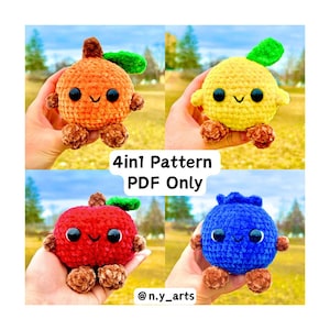 May include: Four crochet amigurumi patterns for making a lemon, orange, apple, and blueberry. The patterns are available as a PDF download. The image shows the finished crocheted toys.