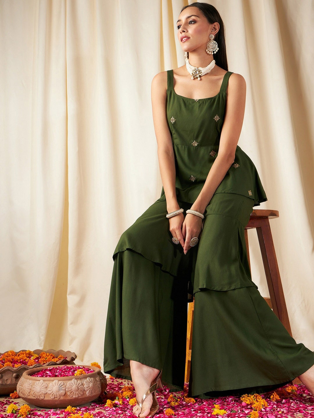 Olive-Colored Embroidered Co Ord Set