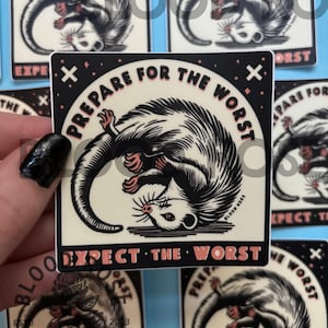 Opossum Prepare for the Worst/Expect the Worst- vinyl sticker, pessimism, nihilism, dead, doomsday, gloomy Gus