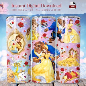 May include: Three stainless steel tumblers with a Beauty and the Beast theme. The design features Belle, the Beast, roses, and other characters on a pink background. Text at the top reads "Instant Digital Download".