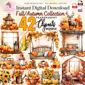 May include: A digital clipart bundle featuring 42 fall and autumn themed illustrations. The illustrations include pumpkins, leaves, a swing, a lantern, a window, a deer, a bench, a watering can, a house, and a book. The illustrations are in a watercolor style and are perfect for creating fall-themed crafts, cards, and other projects.