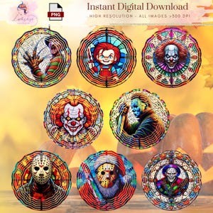 May include: A collection of digital downloads featuring horror movie characters in a stained-glass style. The images include Freddy Krueger, Chucky, a clown, Michael Myers, Jason Voorhees, and others. The text "Instant Digital Download" and "High Resolution - All Images >300 DPI" is visible.