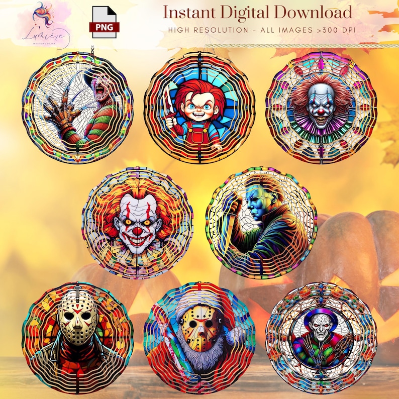May include: A collection of digital downloads featuring horror movie characters in a stained-glass style. The images include Freddy Krueger, Chucky, a clown, Michael Myers, Jason Voorhees, and others. The text "Instant Digital Download" and "High Resolution - All Images >300 DPI" is visible.