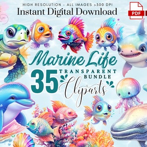Sea Creatures ClipArt~ 35 Colorful Cute Marine Creatures~ Kawaii Clipart~ Dolphin~Tortoise~ Scrapbook~ High Quality Transparent PNG~ Digital