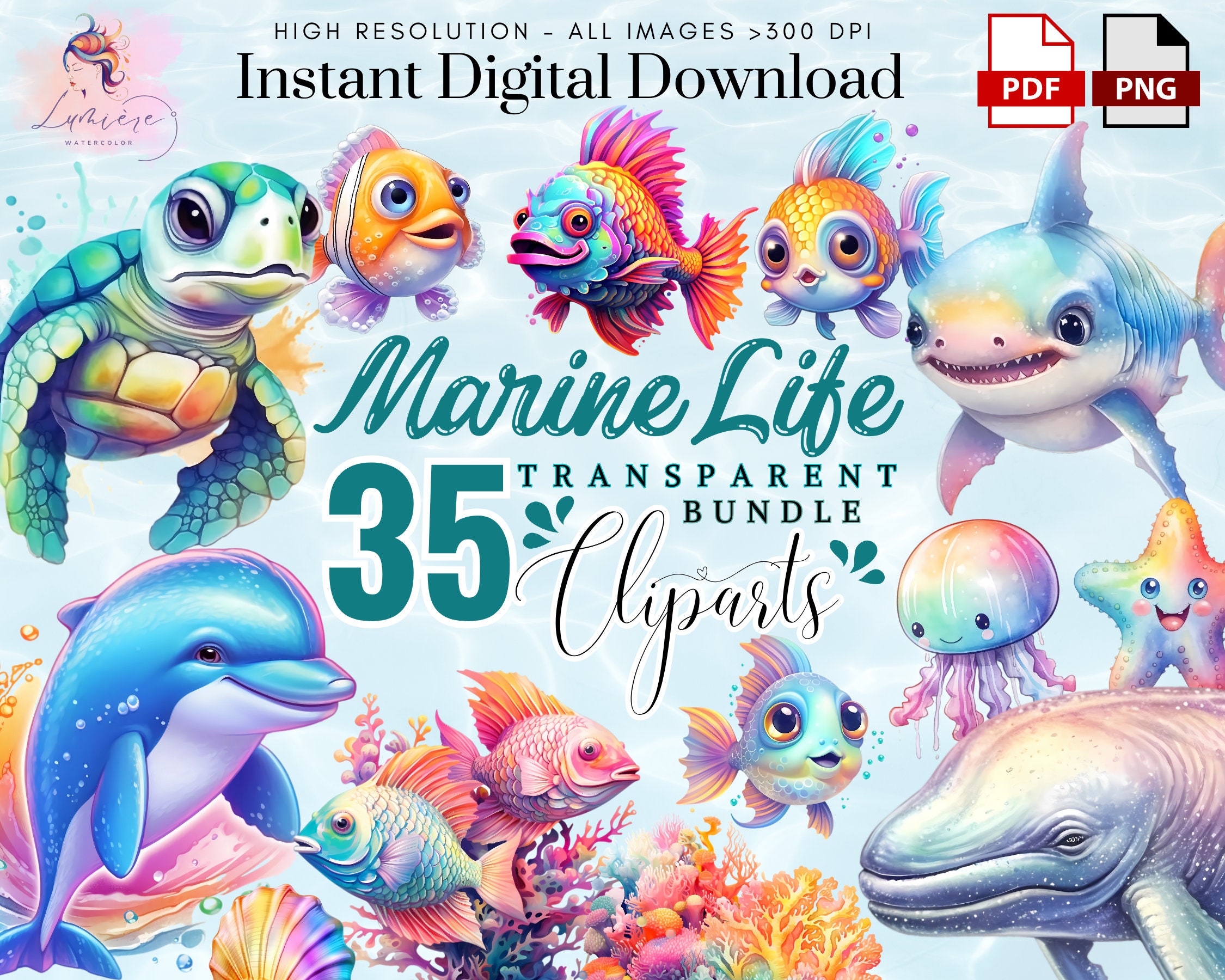 Sea Creatures ClipArt~ 35 Colorful Cute Marine Creatures~ Kawaii Clipart~ Dolphin~Tortoise~ Scrapbook~ High Quality Transparent PNG~ Digital
