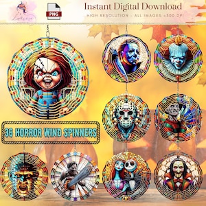 Puede incluir: Una colección de 36 colgantes giratorios con temática de terror. Cada uno presenta un personaje diferente, como Chucky, Michael Myers y Pennywise. Los colgantes son coloridos y detallados, con efecto vidriera. Texto: "Instant Digital Download".