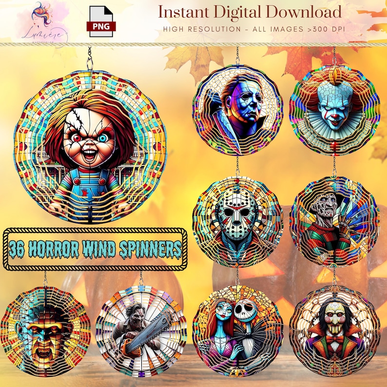 May include: A collection of 36 horror-themed wind spinners. Each spinner features a different character, including Chucky, Michael Myers, and Pennywise. The spinners are colorful and detailed, with a stained-glass effect. Text reads "Instant Digital Download".
