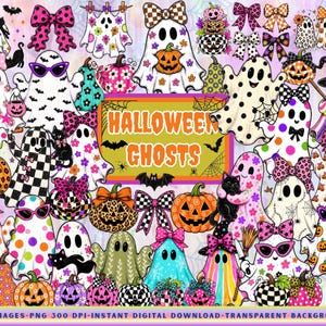 May include: A collection of Halloween ghost illustrations featuring various patterns, bows, pumpkins, and black cats. The central rectangular graphic displays the text HALLOWEEN GHOSTS in orange letters, surrounded by bats and spider web motifs.